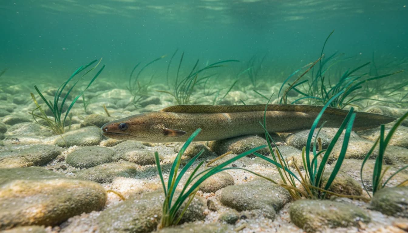 Ein Aal liegt zwischen Steinen und Wasserpflanzen auf dem Grund eines Flusses