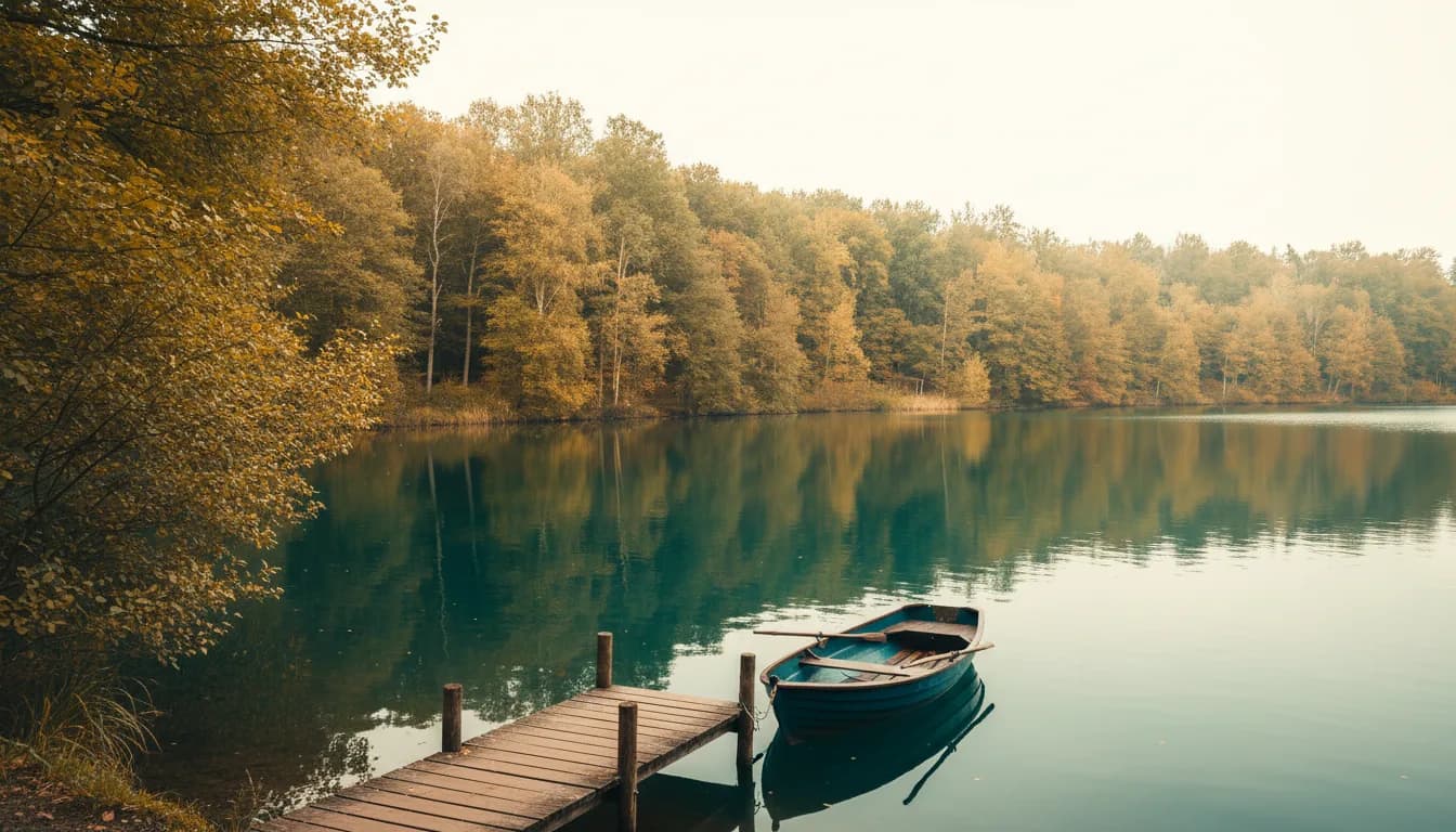 Ein ruhiger See im Frühherbst mit einem Ruderboot an einem Steg