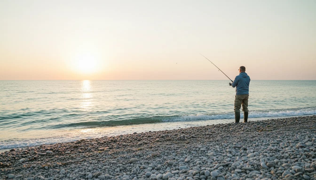 Ein Angler steht bei Sonnenuntergang am steinigen Ostseestrand und wirft aus