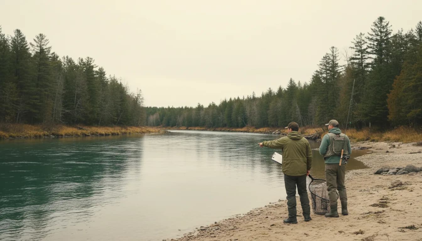 Ein Fischereiaufseher in grüner Jacke spricht am Flussufer mit einem Angler