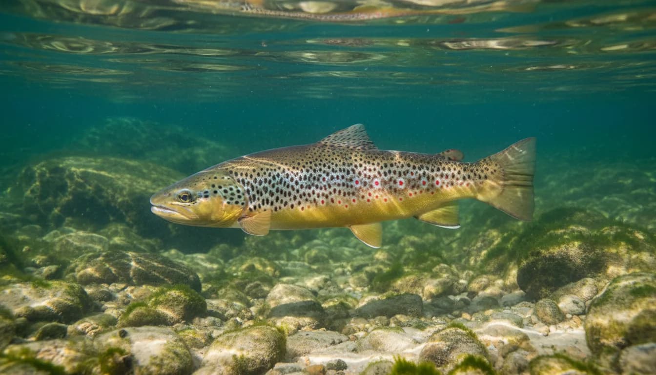 Eine Bachforelle mit roten und schwarzen Punkten schwimmt in einem klaren Bach über Kieseln