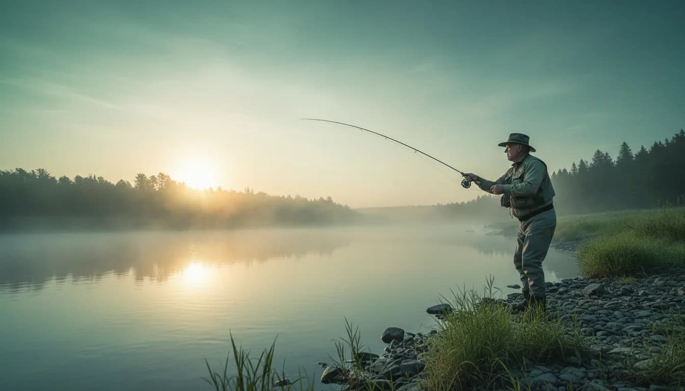 Ein älterer Angler wirft bei Sonnenaufgang vom Flussufer aus die Angel aus