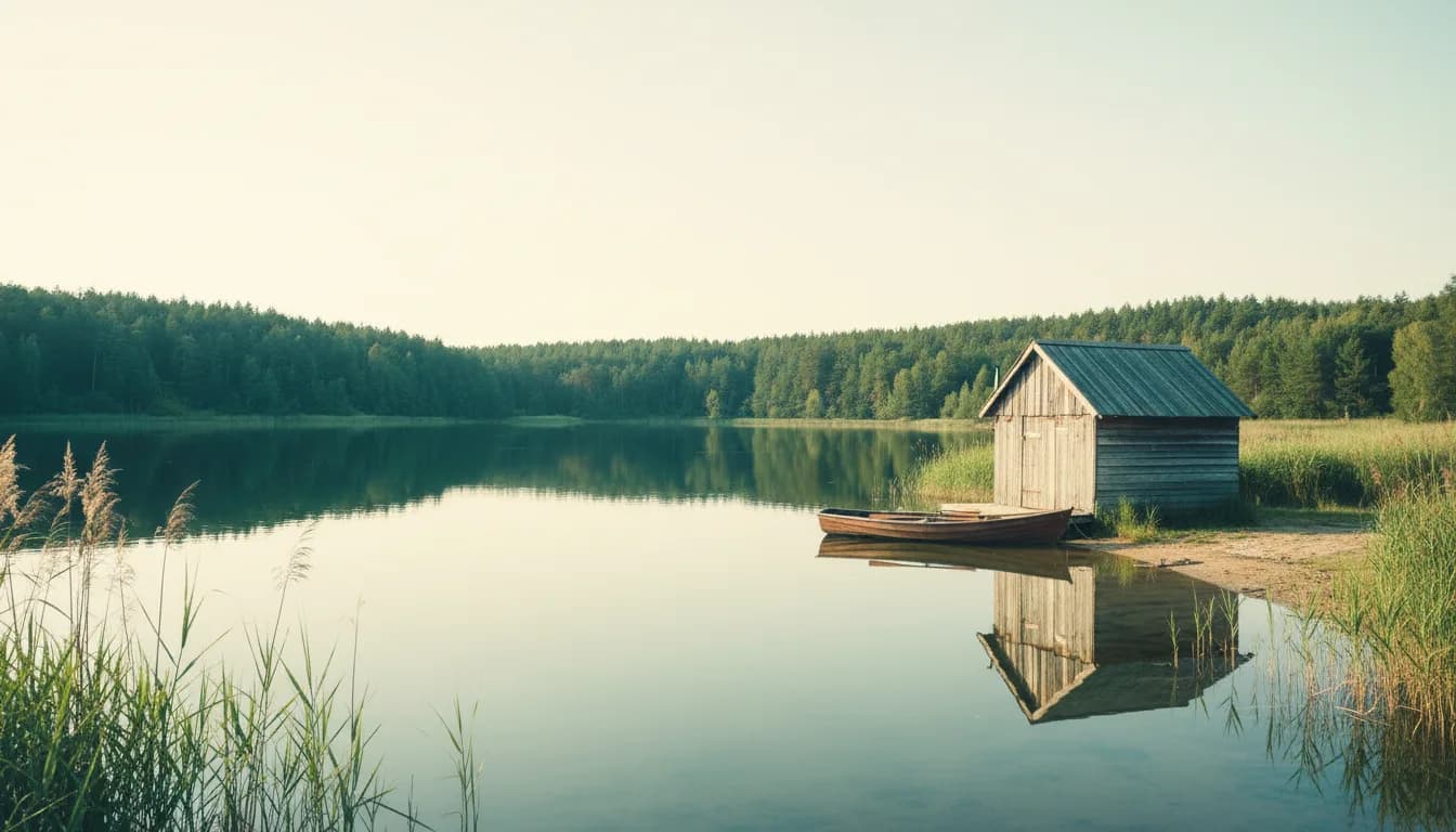 Ein stiller See mit einer kleinen Holzhütte eines Angelvereins und einem Ruderboot am Ufer