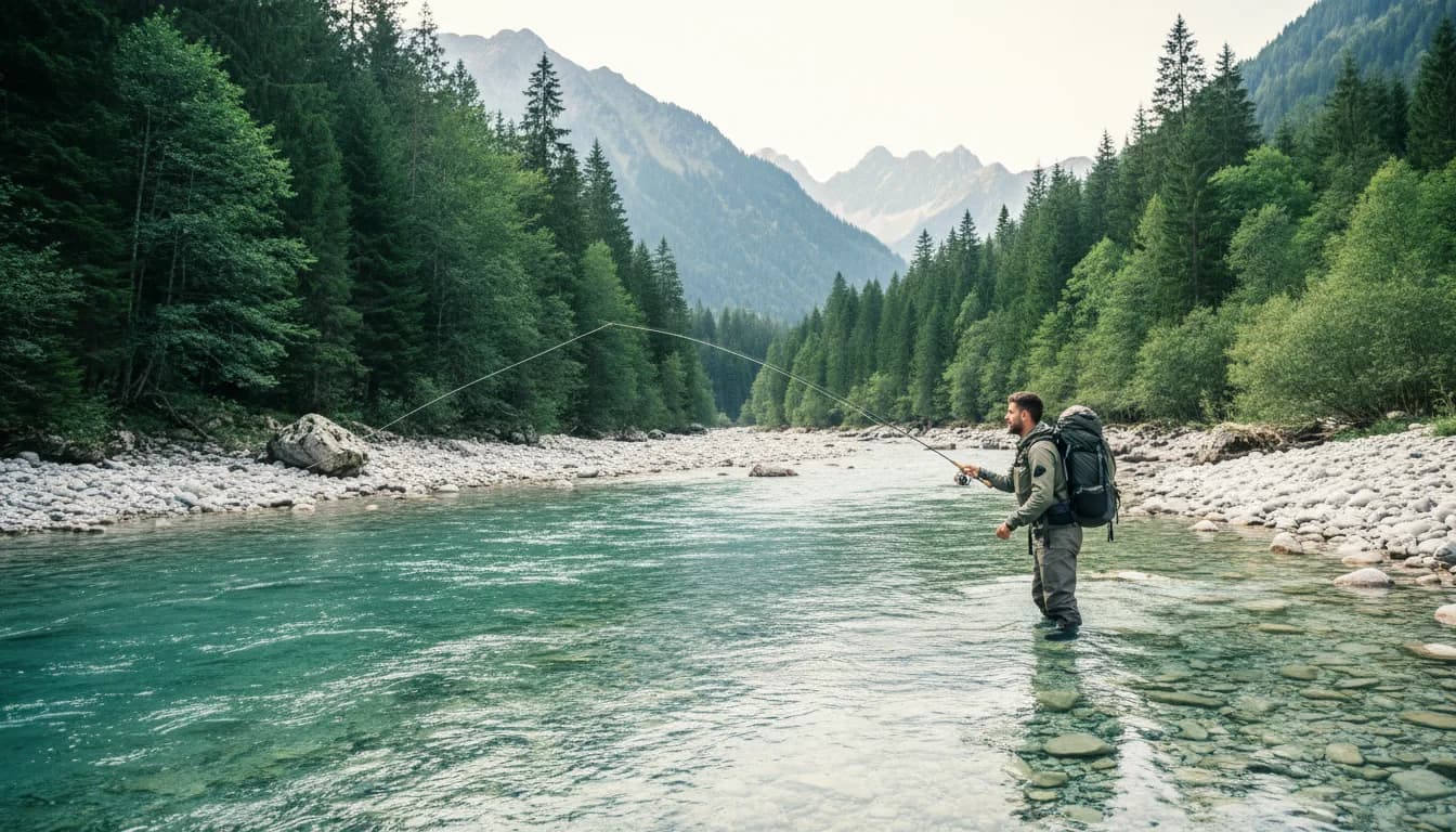 Ein Reisender mit Rucksack fischt mit der Fliegenrute in einem klaren Gebirgsfluss