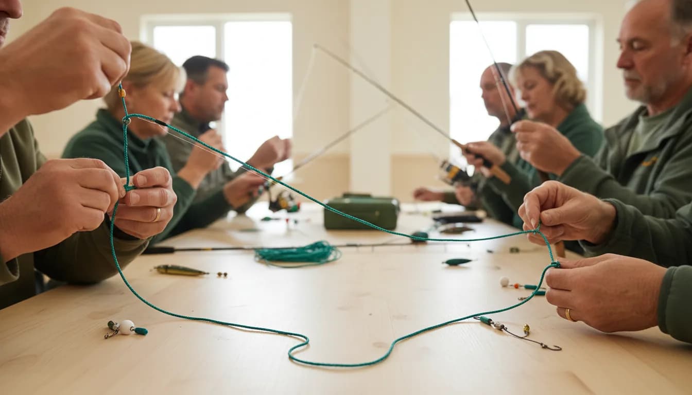 Teilnehmer eines Angelkurses üben an einem langen Tisch Knoten und das Montieren von Angelzeug