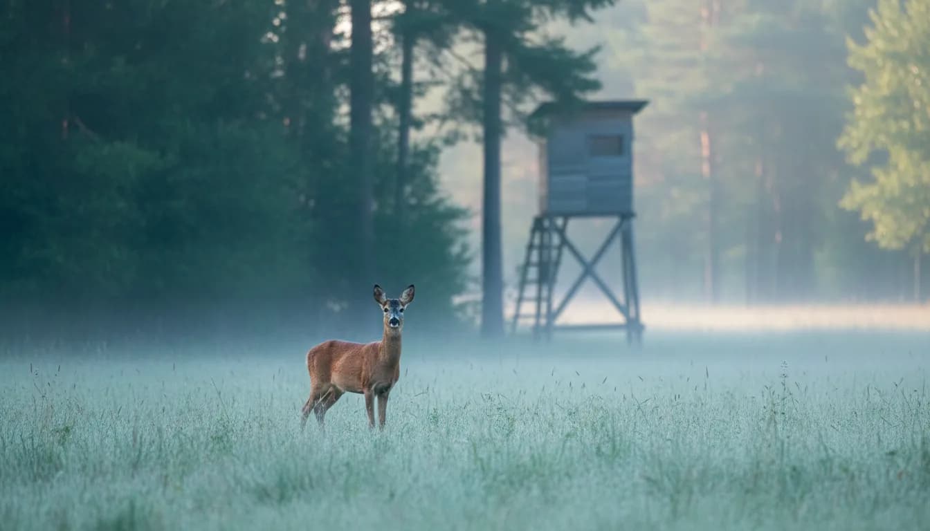 Ein Reh steht im Morgennebel am Waldrand, im Hintergrund ein Hochsitz