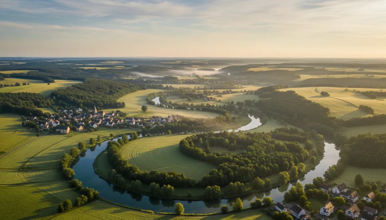 Luftbild eines Flusses, der sich durch Wiesen, Wälder und kleine Dörfer schlängelt