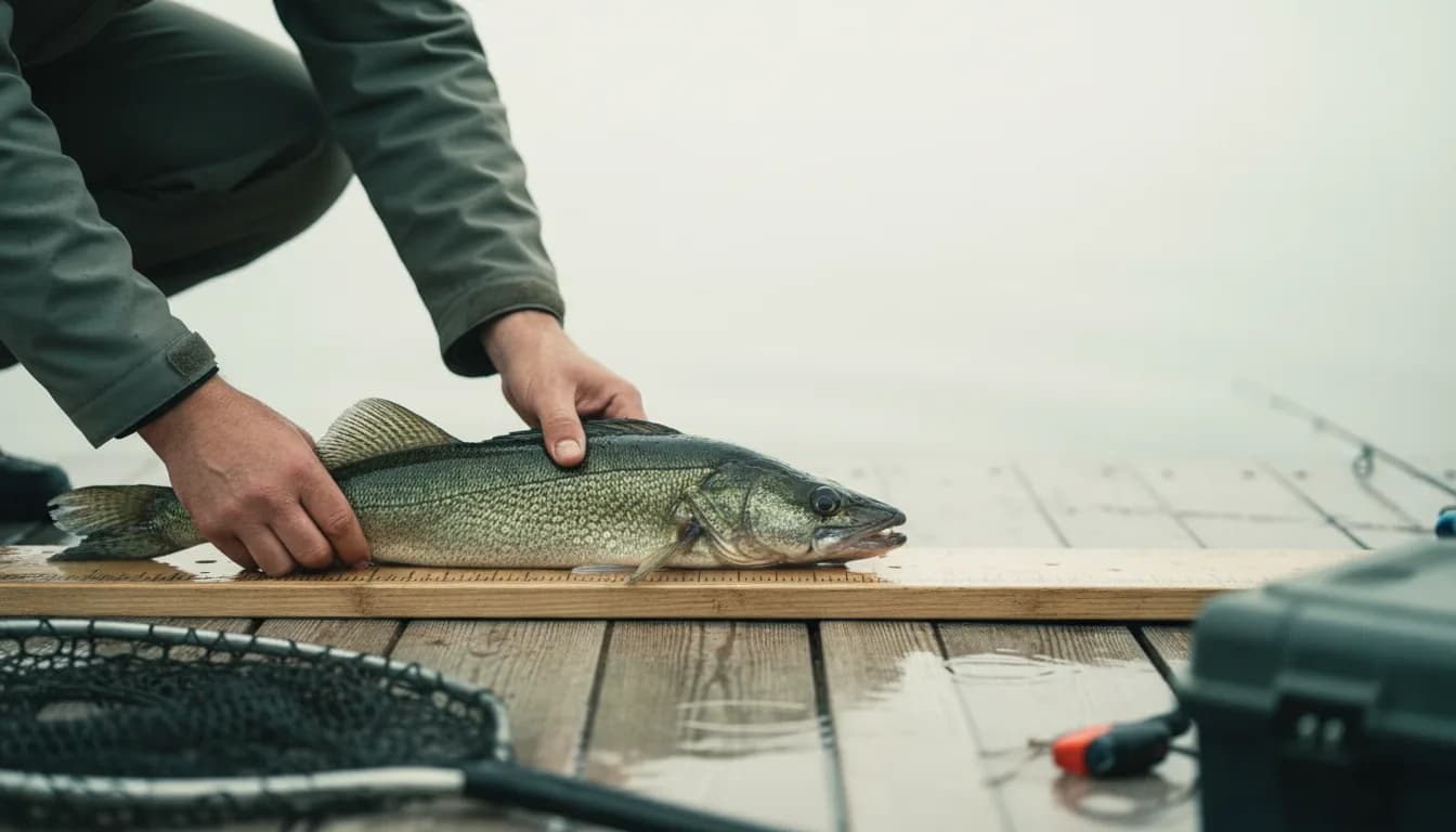 Ein Angler legt einen Zander flach auf ein Messbrett auf einem Bootssteg