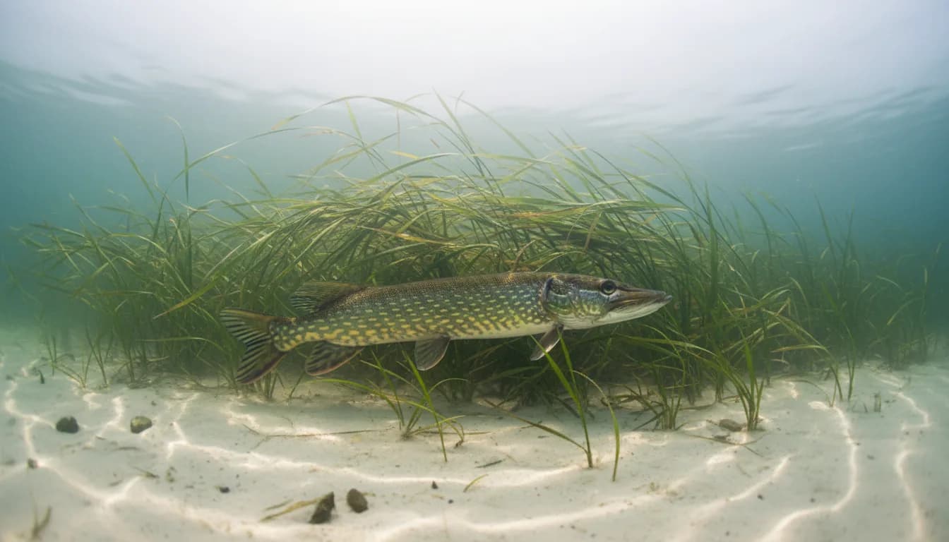 Ein Hecht steht im Frühjahr zwischen Schilf im flachen, klaren Wasser eines Sees